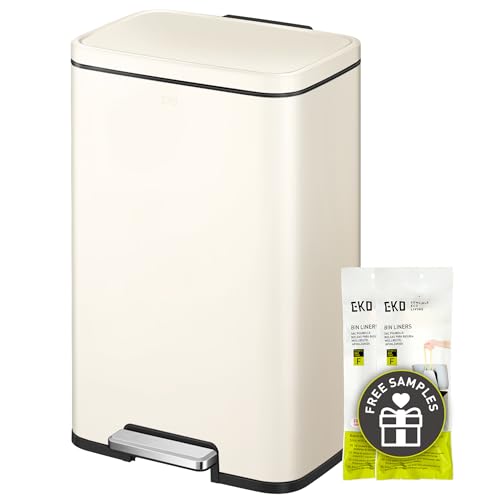 EKO Madison Vanilla Stainless Steel 13.2 Gal/50L Kitchen Step Trash Can or Recycling Bin, Removable Inner Liner, Soft Close Lid, Fingerprint Resistant Finish