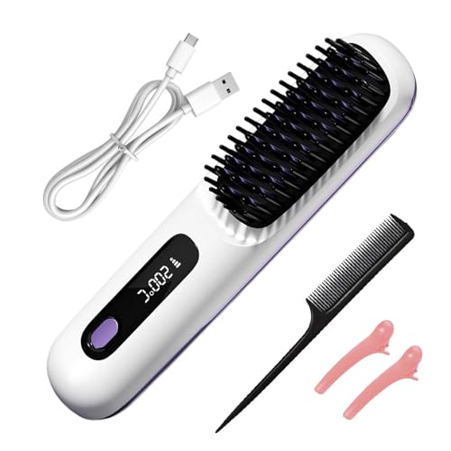 Glow Wave Heated Brush for Short Hair, 3 Heat Settings Heated Hair Brush, Led Screen & USB Rechargeable Hair Straightener Brush Frizz-Free Styling for Travel & Everyday Use (White)