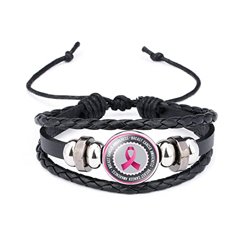 Breast Cancer Awareness Bracelet Pink Ribbon Charm Braided Leather Rope Wrap Bangle Fighter Breast Cancer Jewelry Gifts For Women Girls Breast Cancer Survivor (D) #TOP8