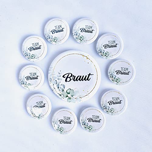 JGA-Button-Set Goldkranz Eukalyptus I 1x"Braut" (Ø50 mm)+ 10x"Team Braut" (Ø25mm) I grün + weiß I Hâ€¦ – Miniatur