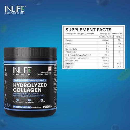 Image of INLIFE Japanese Collagen Powder | Hydrolyzed Collagen with Biotin & Hyaluronic Acid |Blueberry, 200g