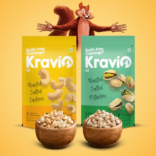 Image of Kravio Premium Roasted Salted Cashew & Pistachio Nuts (2 X 200g) | Zero Cholesterol Natural Whole Kaju & Inshell California Pista Nuts & Dry Fruits | Rich in Protein, Crunchy Delicious Healthy Snacks
