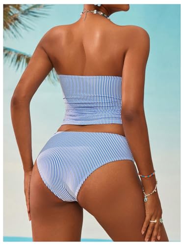 GORGLITTER Women's Striped Bandeau Tankini Swimsuits Side Drawstring Bathing Suit2