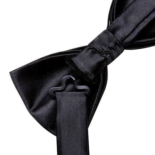 Image of Hi-Tie Pre-Tied Bowties for Men Silk Bow Ties and Pocket Square Cufflinks Set Mens Wedding Party Formal,Black
