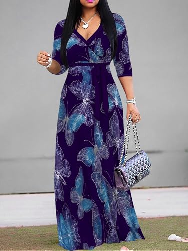 Image of Plus Size Dresses for Women Print Maxi Dresses 3 /4 Sleeve with Belt