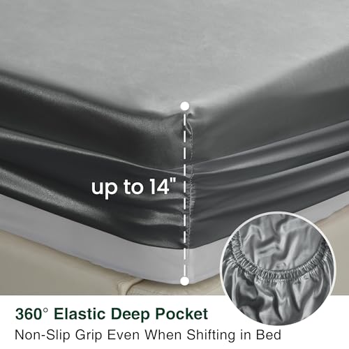 Love's cabin Satin Queen Sheets Set - 4 Piece Dark Grey Silky Bed Sheets with Deep Pocket, Luxury Silk Feel Satin Queen Size Sheet Set (1 Flat Sheet,1 Fitted Sheet,2 Pillow Cases)