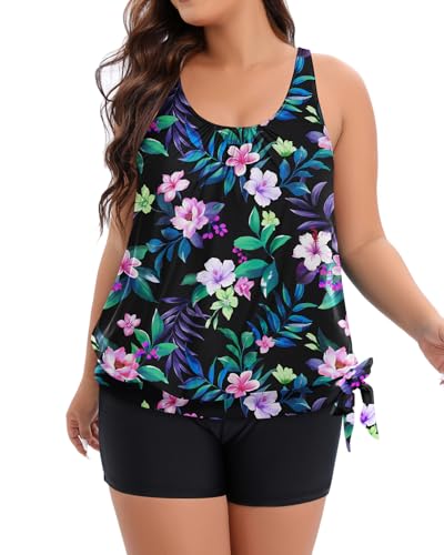 Holipick Floral Women Plus Size Tankini Swimsuit - Two Piece Bathing Suits Tummy Control Blouson Tankini Top with Boy Shorts 18W2