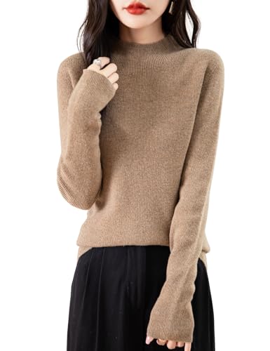 Women's 100% Merino Wool Seamless Sweater Mock Neck First-Line Ready to Wear Long Sleeve Ribbed Knit Pullover