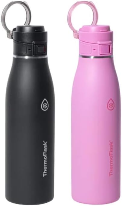 ThermoFlask Leakproof Water Bottle Set, 25oz/740ml, Stainless Steel, Double Wall Vacuum Insulated, 24Hr Cold/12Hr Hot, BPA Free, Black and Pink, 2-Pack