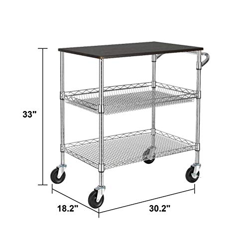 Finnhomy 3 Tier Heavy Duty Commercial Grade Utility Cart With Wood Top, Wire Rolling Cart With Handle Bar, Steel Service Cart With Wheels, Utility Shelf Food Storage Trolley, Nsf Listed #TOP4