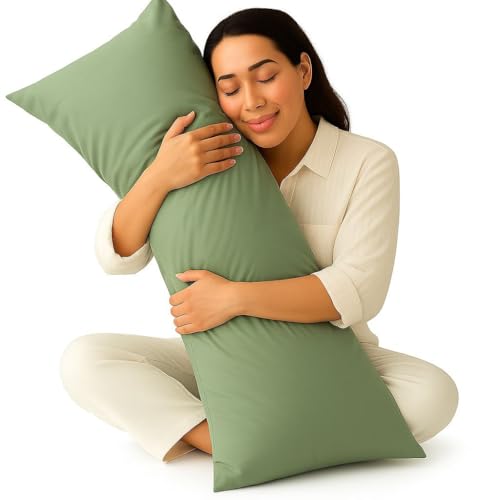 Image of 100% Cotton 600 TC Body Pillow Cover - Ultra Soft & Breathable Long Pillowcase | Zipper Closure | 20 inchx54 inch | Sage | Ideal for Pregnancy, Side Sleepers & Full Body Support