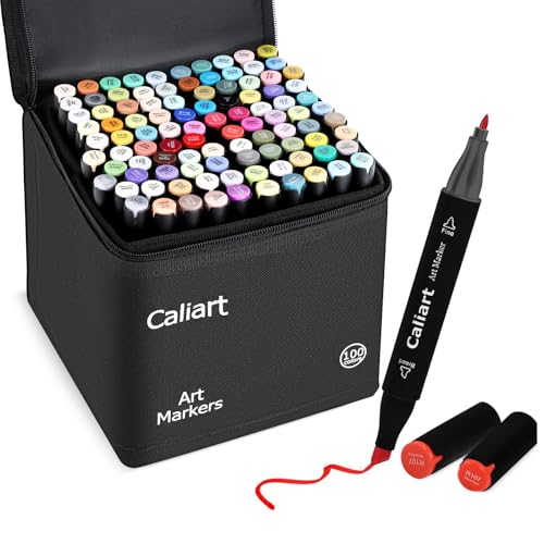 Image of Caliart Markers, 100 Colors Dual Tip Art Markers Sketch Pens Permanent Alcohol Based, with Case for Adults Artists Drawing Illustration Sketching Coloring (Black Barrel)