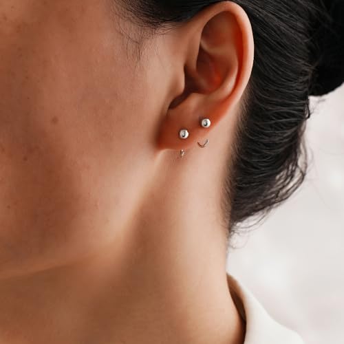 Image of CHIC & ARTSY 925 Sterling Silver Half Hoop Earrings for Women, Small Huggie Hoops Set with Ball Bar Star Moon Cross & Pearl, Lightweight Comfort Fit Everyday & Sleep Earrings