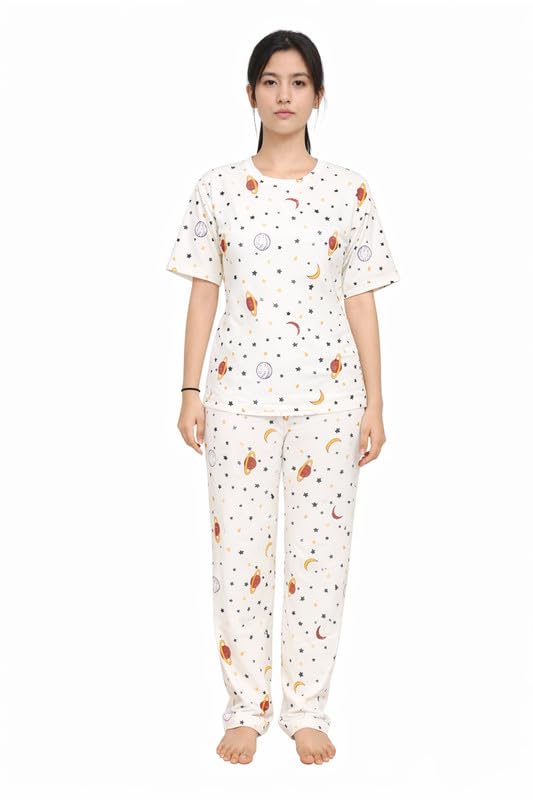 Image of Women's Pajama Set with Top & Pants|| Korean Night Wear|| Loose Fit Home Wear || Lightweight Printed Set || Soft & Comfy Girls & Women