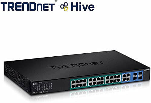 Image of TRENDnet 28-Port Gigabit Web Smart PoE+ Switch, 24 x Gigabit Ports, 4 x Shared Gigabit Ports (RJ-45 or SFP), 185W PoE Budget, 56Gbps Switching Capacity, Lifetime Protection, Black, TPE-2840WS