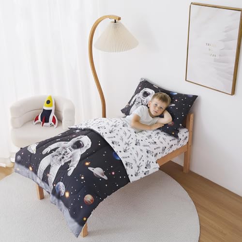 Image of lasoftan Toddler Bedding Set, 4 Piece Bed-in-a-Bag Toddler Bed Comforter Sets for Girls, Toddler Bed Set, Astronaut Printed, Machine Washable