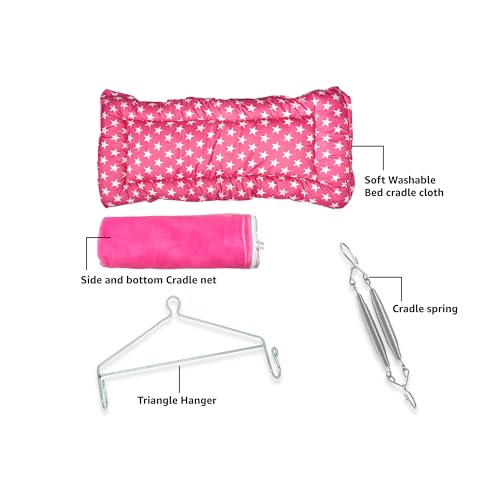 Image of beetot 4 in 1 Baby Cradle Set Swing /Jhula (Thottil Cloth, Palna, Dolna) | Hanging Cradle with Removable Bed, Mosquito Net, Spring, Triangle Hanger | Up to 15 kg | 0-2 Years | PRE-DRK Pink-Star Print
