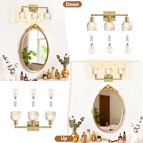 Image of Antique Brass Bathroom Light Fixtures Over Mirror,3-Light Bathroom Vanity Lights Over Mirror,Brass Wall Lights with Clear Glass Tulip Light Shade for Bedroom,Living Room,Hallway,E26 Base