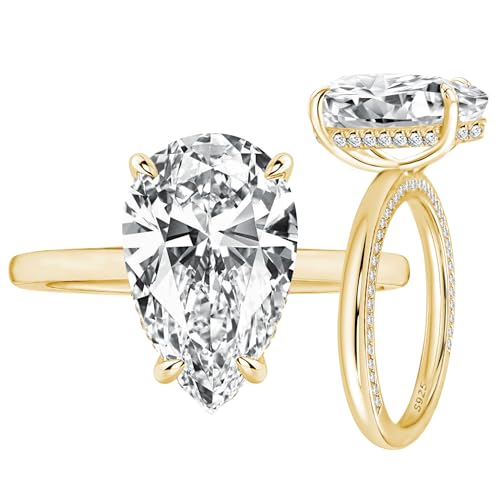 3.5ct Solitaire Pear Shaped Engagement Ring For Women,Noble Gold Tone Crushed Ice Sterling Silver Simulated Diamond Promise Ring