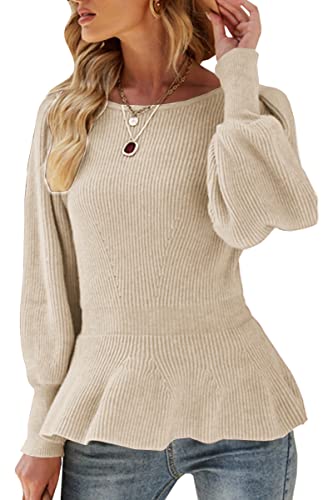 Womens Fall Puff Sleeve Peplum Casual Slim Fit Knit Pullover Sweater Jumper Tops Khaki
