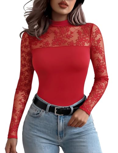 Zeagoo blouse femme dentelle manche longue automne rouge