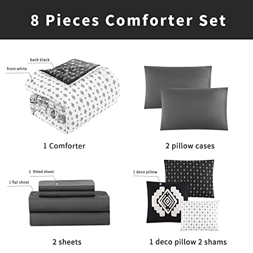 Geniospin King Size Comforter Set, Boho Bed In A Bag 8-Pieces Bedding Set, Reversible Aztec Design With Soft Microfiber, Lightweight, Warm And Breathable (White And Black, 102X90 Inches) #TOP5