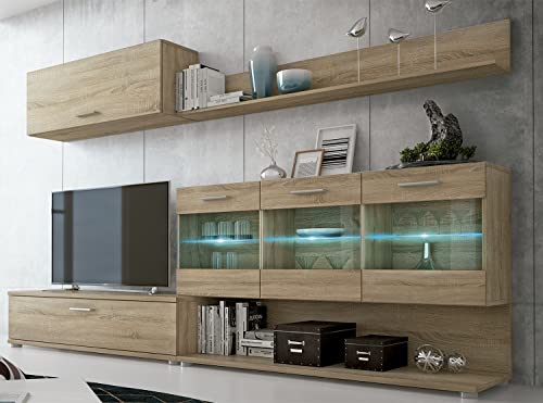 PEGANE Set de TV, Meuble TV, étagère Haute, Meuble Haut, vitrine LED Coloris chêne Cambrian