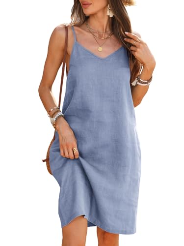Image of Women's 100% Linen Dress Spaghetti Strap Adjustable Strap V Neck Sleeveless Sundress Summer 2026 Beach Vacation
