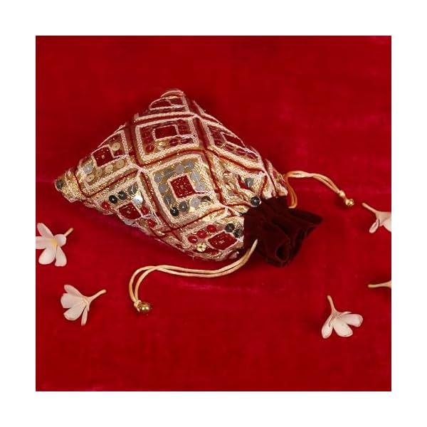 Dulhan DLC set of 5 Shimmer & Velvet Potli Bags with Heavy Work for Wedding Return Gifts, FANCY pouch potli, Bridal Handbag for Women - Image 6