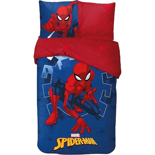 Parure de Lit Spiderman pour Enfant, Housse de Couette Réversible 140x200 cm, Taie d'oreiller 63x63 cm, 100% Coton