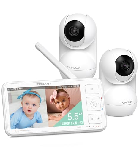 Image of Momcozy Baby Monitor with 2 Cameras, 5.5" 1080P Full HD Split Screen, No WiFi Video Monitor with Audio, 5000mAh Battery, VOX/ECO Mode, Night Vision, 1640ft Range (SD Card Not Included)