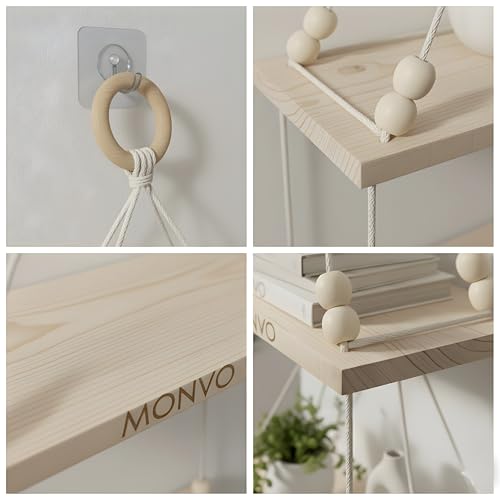 Image of 3Tier Hanging Shelf with Magic Hook, Use Decor Plants, Books, Decorative Gift Items Nursery Livingroom Wooden Beads & Ring Woven Bohemian Chic for Dorm