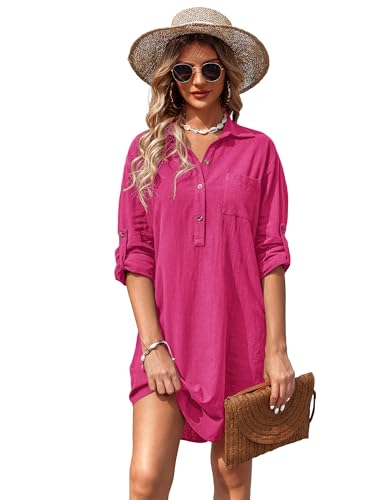 Image of Zeagoo Women Summer Dress Cotton Linen Shirt Dress Button Down Tunic Dress Beach Cover Up Dress