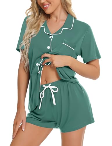 Image of SWOMOG Womens Button Down Pajamas Set Short Sleeve Sleepwear Bride Soft Pj Lounge Sets XS-3XL
