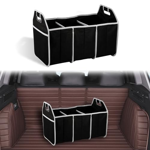 CHRYMUM Foldable Car Trunk Organizer, 3 Compartments Collapsible Trunk Storage, Waterproof 600D Oxford Polyester, Universal Automotive Console & Organizer
