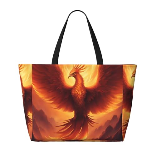 beautiful phoenix Large capacity beach bag with zipper, perfect for grocery bag pool gym travel shopping foldable beach travel bag,2