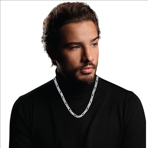 7mm Italian 925 Sterling Silver Diamond Cut Figaro Chain Necklace for Men & Women - with Lobster Claw Clasp Heavy Weight Silver Jewelry Gifts for Him Her 20''(24gm), 22" (26.3gm), 24"(28.4gm) & 26"(30.6gm)2