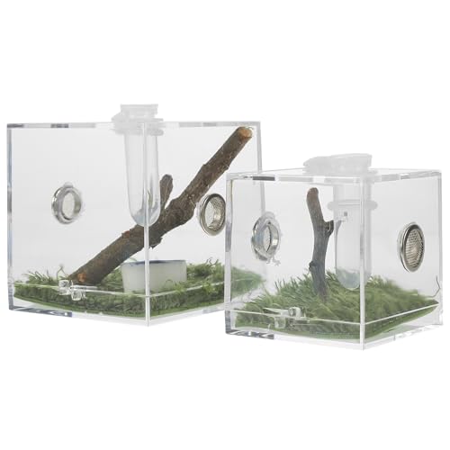 ARTSEWPLY 2個 透明アクリルジャンピングスパイダー飼育箱 給餌ポート付き高視認性爬虫類コンテナ 耐摩耗 耐衝撃性に優れ観察 清掃簡単な小型