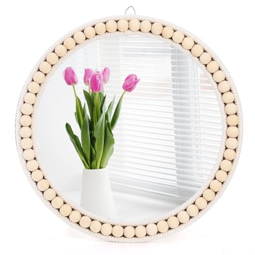 Eorbow Boho Wall Mounted Mirror, 12 Inch Round Wooden Bead Hanging Mirrors, Rustic Decorative Vanity Mirror, Farmhouse Circle Decor Mirrors for Living Room, Bedroom, Bathroom, Nursery