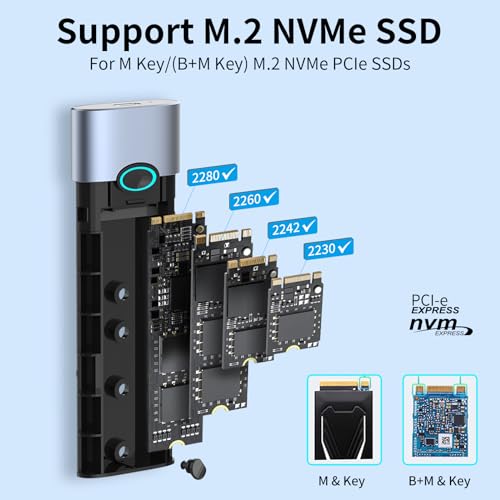 Image of GODO M.2 NVMe Hard Drive Enclosure Adapter Type C USB 3.2 Gen 2 (10 Gbps) to NVME PCI-E M-Key /(B+M) Key Support UASP Trim for SSDs 2280 /2260 /2242 /2230 Tool Free Aluminum