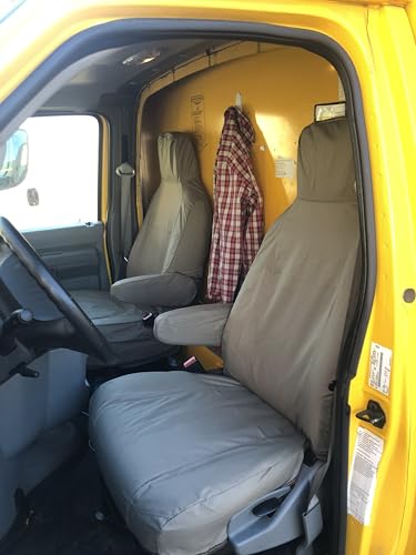 Image of Durafit Seat Covers, F466-X4, Made to fit, 2009-2018 Ford E150-E350 Van Front High Back Bucket Seats with Molded Headrests and 1 Armrest Per Seat. in Taupe Twill