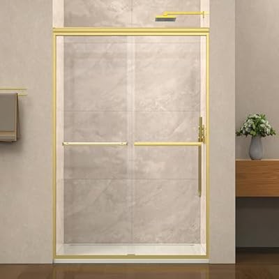 ENSO SENKA 44-48" W x 72" H Semi-Frameless Bypass Sliding Shower Door, Easy-to-Clean Treated Clear Tempered Glass, Brushed Gold