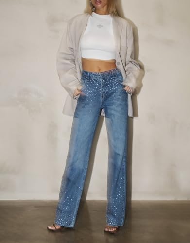 Kedera Womens High Waisted Rhinestone Jeans Wide Leg Denim Pants Sparkle Jeans Studded Bling Pants with Diamonds4