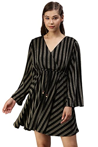 Image of SHOWOFFFF Women Stripe Print Empire Party Dress | V Neck Full Sleeves Lycra Dress for Womens | Above Knee Dress for Women's