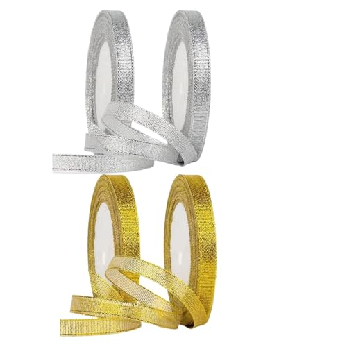 4PCS Ruban Organza Doré 22m, Rubans d'organza Dorés Shop Noël Ruban Gros Grain Noël Vacances Imprimé Organza Or et Argent Jaune Beurre Rubans Satin...