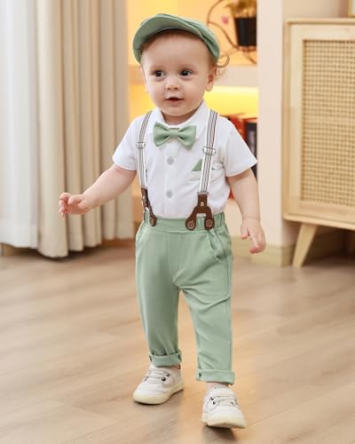 WESIDOM Baby Boy Clothes Suit 0-24M Infant Gentleman Wedding Outfit, Shirt+Bowtie+Beret+Suspender Pants Clothing Set2