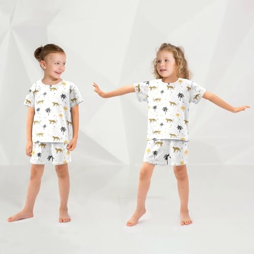 Vdsrup Leopard Print Summer Pajamas Set Short Cotton White Sleepwear 2 Piece Unisex 5Y4