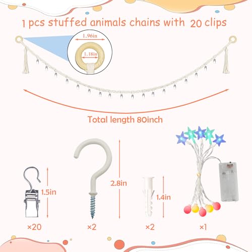 Image of 1 PCS Stuffed Animals Storage Chain Organizers 80 inch Cotton Hanging Storage Chain with 20 Metal Clips and 10 LED Light Stuffed Animal Display Holder Chain for Nursery Play Room (1PcsWhite)