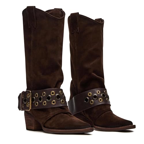 Western Cowboy Boots for Women Pointed Toe Chunky Heel Mid Calf Boots Buckle Strap Wide Calf Cowgirl Boot3