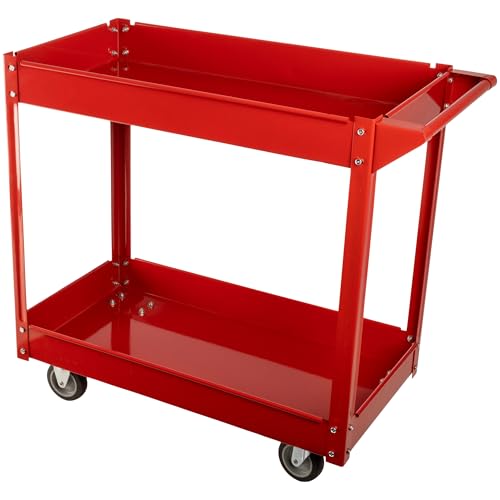 Utility Cart - Heavy-Duty Work Cart with Two Storage Tray Shelves - Holds up to 330lbs - for Garage, Workshop, Classroom, and More by Stalwart (Red)